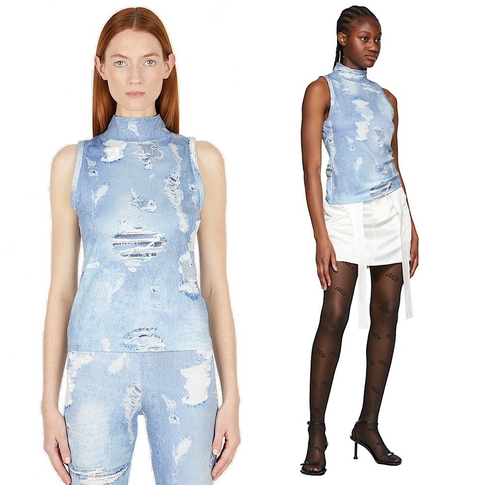 032c Printed Logo Destroyed Denim Stretch Jersey Sleeveless Mockneck Tank Top M‎
